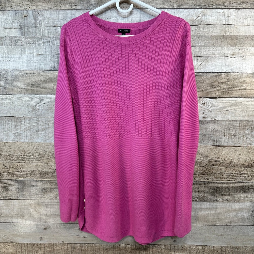 Talbots Womens Pink Ribbed Knit Tunic Sweater Button‎ Accent XS